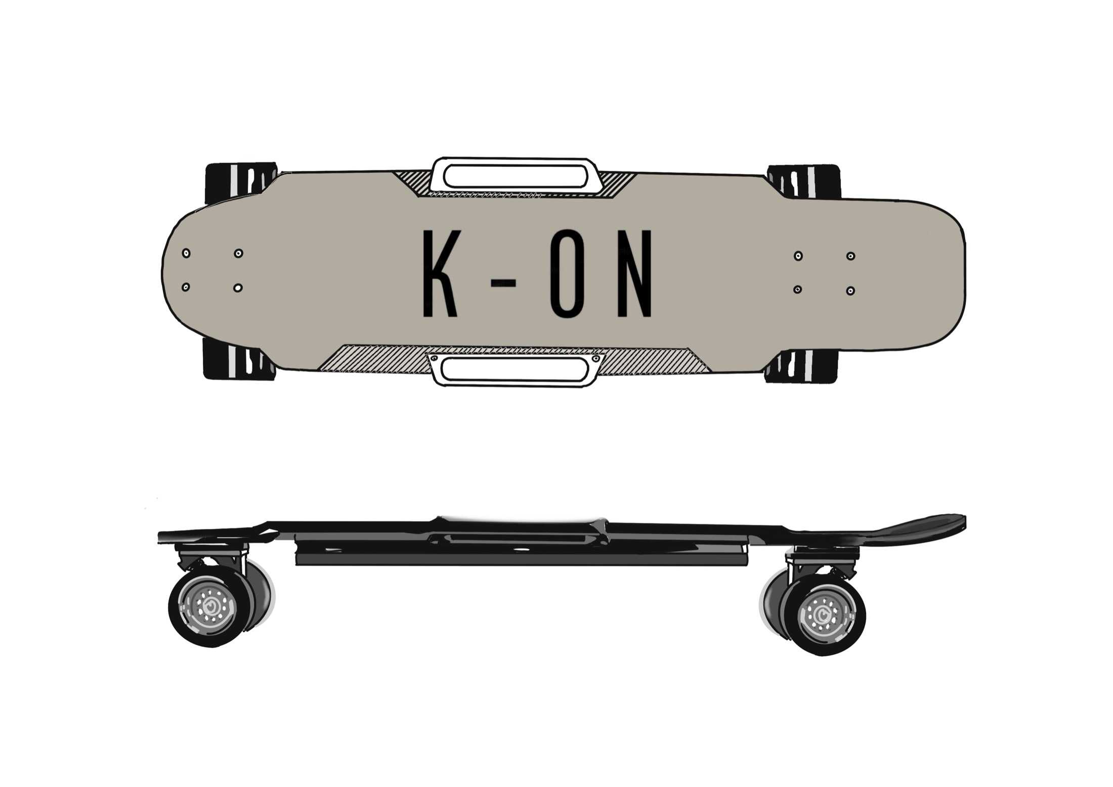 Skateboard technical drawing with K-ON wordmark
