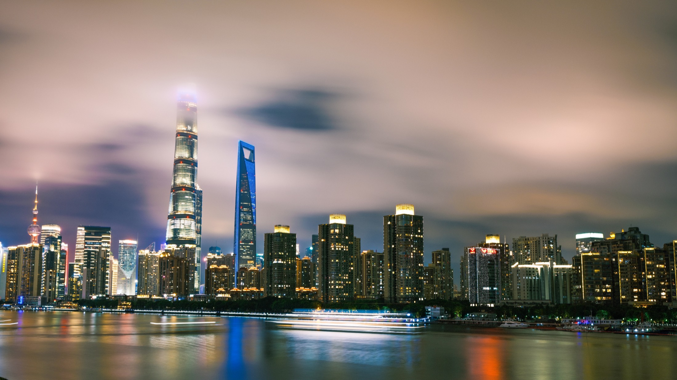 Night skyline reflected on the river