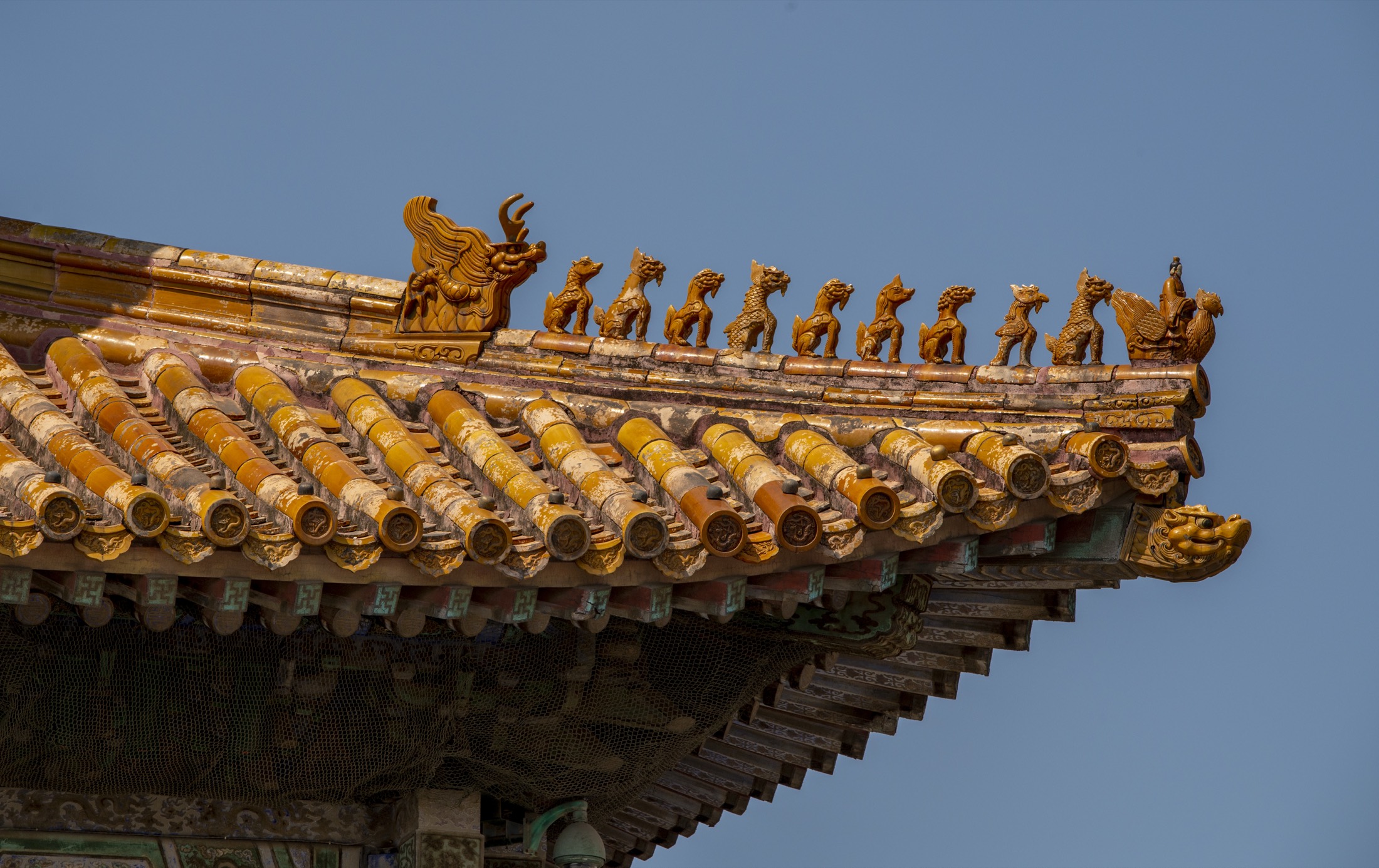 Close photograph of ornate roof detail against blue sky